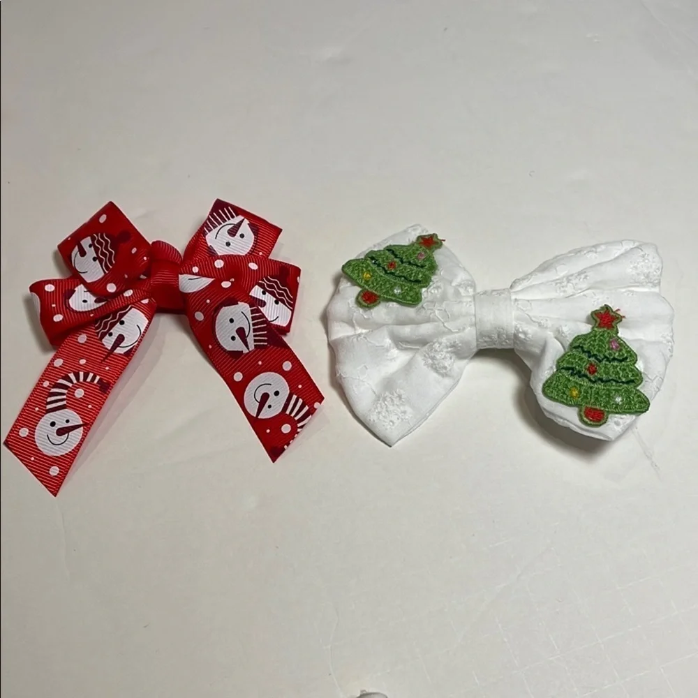Hair Bows Accessories Red Snowman and White Christmas Tree Holiday Set of 2